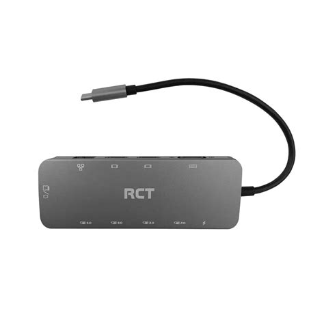 RCT USB type C multifunction docking station with 2 HDMI; 1 VGA; 3 USB 3.0; 1 Gigabit RJ45; 3.5mm audio socket; SD and microSD 